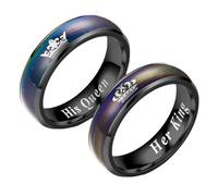 Emotional Color Changing Black Stainless Steel Body Temperature Mood Ring Her King His Queen Crown Rings Engagement Wedding Band Anniversary Promise for Couple, Stainless Steel, No Gemstone