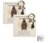 Emotional Support Bat Inspirational Keychain, Metal Bat Charm with Crystal Pendant and Encouragement Verse Card, Bats Key Ring for Backpack, Car Keys, Purses, Anxiety Relief Gift (2PCS)