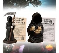 Emotional Support Grim Reaper Figurine, Exhausted Grim Reaper Statue with Emotional Support Card, Ironic Gothic Black Robe Mystery Figurine Desk Decor, Funny Desk Buddy for Office Coworkers,A+B