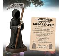 Emotional Support Grim Reaper Figurine, Exhausted Grim Reaper Statue with Emotional Support Card, Ironic Gothic Black Robe Mystery Figurine Desk Decor, Funny Desk Buddy for Office Coworkers,B