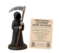Emotional Support Grim Reaper Figurine, Hand-Painted Black Robe Resin Statue Holding Coffee & Cat, Gothic Decor for Desk, Office, Scary Art with Emotional Support Card (A)