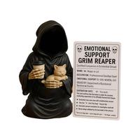Emotional Support Grim Reaper Figurine, Hand-Painted Black Robe Resin Statue Holding Coffee & Cat, Gothic Decor for Desk, Office, Scary Art with Emotional Support Card (B)