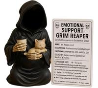 Emotional Support Grim Reaper Figurine, Hand-Painted Resin Gothic Sculpture Scary Grim Reaper, Fantasy Art Bookshelf Decor, Mystery Man Ornament, Halloween Encouragement Gift for Cat Lovers (A)