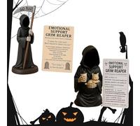 Emotional Support Grim Reaper Figurine Set, Black Hooded Reaper with Scythe, Cat and Coffee Cup, Decorative Gothic Desk Companion with Inspirational Message Cards (A+B)
