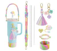 Emotionlin 9PCS Rainbow Stanley Cup Accessories Set for 20 oz 30 oz 40 oz - Colorful Silicone Boot, Paracord Handle, Straw Cover, Keychain Charms Stitch Stanley Cup Accessories