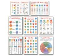 Emotions and Feelings Posters for Kids - Set of 8 SEL Classroom Charts with Feelings Wheel, Emotion Words, Coping Skills, Mindfulness & Calming Corner Wall Art for Emotional Regulation