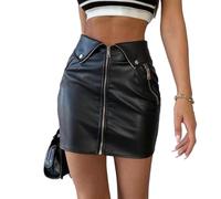 EMOTTOS Leather Skirts for Women, Zip Faux Leather PVC Elastic Stretch Skirt Mini with Two Ways of Wearing, Two Side Zip Pockets Slimming High Waisted Hip Wrap Short Pencil Skirt, Black, M