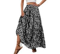 EMOTTOS Maxi Skirt, Summer Ladies Skirts Floral Print with Drawstring, Bohemian Long Skirt Elastic High Waist Pleated Ruffle Flowy Swing Skirt Vintage, Black S