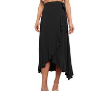 EMOTTOS One-Piece Lace-up Long Skirt, Bohemia High Waisted Wrap Midi Skirts for Women, Boho A-Line Irregular Design Ruffle Split Hem Flowy Skirt for Ladies, Black, L