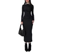 EMOTTOS Sexy Maxi Ruched Dress, Elegant Turtleneck Back Slit Bodycon Dress, Soft Maxi Swing Hem Long Sleeve Pencil Dresses for Cocktail Party (Black, M)