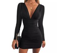 EMOTTOS Sexy Mini Wrap Dress, Sexy Deep V-Neck Ruched Dresses, Soft Long Sleeve Bodycon Pencil Dress, High Elasticity Mini Tube Club Cocktail Party Dress(Black, L)