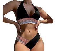 EMOTTOS Sexy Women's Ribbed Colorful Swimwear, Tummy Control Backless Halter V-Neck Swimsuit with Bra, Two-Piece High Waist Soft High Elasticity Curvy Swimsuit, Sexy Bikini Triangle Cup, S