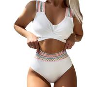 EMOTTOS Sexy Women's Ribbed Striped Swimwear, Tummy Control Backless Crossover V-Neck Swimsuit with Bra, Two-Piece High Waist Soft High Elasticity Curvy Swimsuit, M
