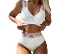 EMOTTOS Sexy Women's Ribbed Striped Swimwear, Tummy Control Backless Crossover V-Neck Swimsuit with Bra, Two-Piece High Waist Soft High Elasticity Curvy Swimsuit, S