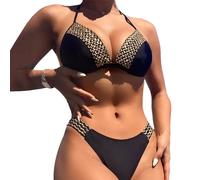 EMOTTOS Sexy Women's Ribbed Swimwear, Tummy Control Halter V-Neck Swimsuit with Adjustable Bra, Two-Piece High Waist Soft High Elasticity Curvy Swimsuit, Sexy Bikini Triangle Cup, M