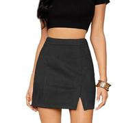 EMOTTOS Women Faux Suede Short Skirt, Wrap Hip Slit High Waisted Tight Pencil Skirt, A Line Casual Zipper Faux Leather Mini Skirt, M, Black