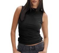 EMOTTOS Women Lace Double-Layer Top, Summer Mesh Patchwork Crew Neck Ruched Sleeveless Tops, Slim Fit Swing Hem Party Sleeveless Shirt Going Out Tops(Black-M)