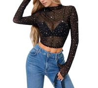EMOTTOS Women Lace Sequined Tops, Sexy Y2K Round Neck Crop Top, Long Sleeve See-Thought T-Shirt Slim Fit Summer Wear for Ladies Clubbing Party, Black, L
