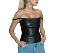 EMOTTOS Women Leather Spaghetti Strap Tank Tops, Sexy PU Sleeveless Vest with Low-Cut Camisole, Y2K Slim Fit Top with Elasticated Strap, Stylish Night Club Party Rave Tshirts for Ladies, Black, S