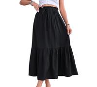 EMOTTOS Women Maxi Skirts Summer, Boho High Elasticated Waist Loose Ruffle Hemline, A Line Bohemian Pure Black Beach Decorative Drawstring, Long Skirt Flowy Swing Pleated Casual Elegant, Black, XL
