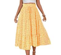 EMOTTOS Women Maxi Skirts Summer, Boho High Elasticated Waist Loose Ruffle Hemline, A Line Bohemian Vintage Floral Printed Beach Decorative Drawstring, Long Skirt Flowy Swing Pleated, Yellow, L
