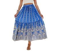 EMOTTOS Women Maxi Skirts Summer, Boho Skirt High Elasticated Waist Loose Ruffle Hemline, A Line Bohemian Vintage Printed Beach Decorative Drawstring, Long Skirt Flowy Swing Casual Elegant, Blue XL