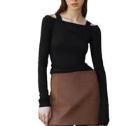 EMOTTOS Women Off Shoulder Crop Tops, Fake Two-Piece Patchwork Tight Tops with One-Shoulder Neckline, Fashionable Ladies Y2K Ribbed T-Shirts Slim Fit Shirts Going Out Clubbing Party, Black, S