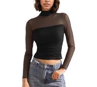 EMOTTOS Women Patchwork Sheer Mesh Crop Tops, Sexy Ruched Lace Top Turtle Neck T-Shirts, Stylish Slim Fit Top Going Out Clubbing Party Sexy See-Through Shirt, Black, M