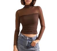 EMOTTOS Women Patchwork Sheer Mesh Crop Tops, Sexy Ruched Lace Top Turtle Neck T-Shirts, Stylish Slim Fit Top Going Out Clubbing Party Sexy See-Through Shirt, Brown, M