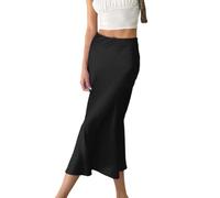 EMOTTOS Women Satin Mid-Length Skirts, Wrap Hip High Waist Long Skirts, Casual Zipper A Line Wrap-Around Flowy Midi Ladies Skirt, S, Black