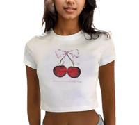 EMOTTOS Women Sexy Cherry Print Crop Top, Y2K Slim Fit Round Neck Tops, Soft Short Sleeve T-Shirt Fashion Skinny Summer Tee Shirt Going Out Clubbing Party for Ladies, White, S