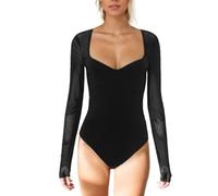 EMOTTOS Women Sheer Mesh Patchwork Bodysuit, Sexy Backless Bodysuits with Sweetheart Neck, Transparent Deep V Leotard Top with Mesh Sleeve, One-Piece Bodysuits with Snap Closure for Ladies, Black, S