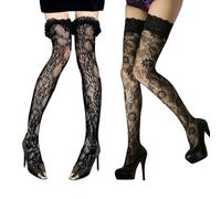 EMOTTOS Women Thigh High Stockings 2PCS, Jacquard Hold Ups Stockings Fishnet Sheer Lace Top Stockings Tights for Women and Girls, One Size (Black)