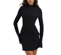 EMOTTOS Women Tight Work Mini Dress, Back Zipper Business Dresses with Pockets, Slim Bodycon Pencil Dress with Flared Sleeves, Wrap Turtle Neck Dress for Formal Office Business, Black, L