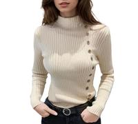 EMOTTOS Women Turtleneck Knitwear, Lightweight T-Shirt with Side Button, Slim Fit Ribbed Pullover Tops, Casual Ribbed Stylish Vintage Sweater Shirt for Ladies, Beige, L