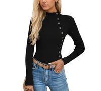 EMOTTOS Women Turtleneck Knitwear, Lightweight T-Shirt with Side Button, Slim Fit Ribbed Pullover Tops, Casual Ribbed Stylish Vintage Sweater Shirt for Ladies, Black, M