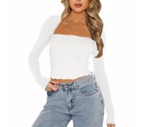 EMOTTOS Women Y2k Low-Cut Tops- Sexy Square Neck Lace Patchwork T-Shirt, Elegant Slim Fit Basic Blouse Long Sleeve with Bow Tie(White-M)