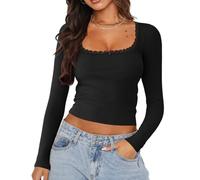 EMOTTOS Women Y2k Low-Cut Tops- Sexy Square Neck Lace Patchwork T-Shirt, Elegant Slim Fit Basic Blouse Long Sleeve with Bow Tie(Black-M)