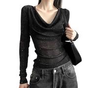 EMOTTOS Women Y2K Mesh Tops, Summer Sexy Slim Fit Sequin Stamping Sheer Mesh Top, Women's Swing Neck Lace See Through Shirts for Women, Female T-Shirt Clubwear Daily Going Out, Black, XL