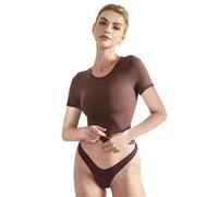 EMOTTOS Women's Basic Short T-Shirts, Casual Y2K Sleeve Crop Top, Slim Fit Double Lined Fitted Round Neck Shirt, Fashion Skinny Y2K Tee Shirt(Brown-L)