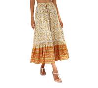 EMOTTOS Women's Bohemian Maxi Skirt, A-Line Long Skirts Elasticated Waist Front Slit, Pleated Swing Boho Flower Skirts High Waisted Casual Gypsy for Summer Spring Vacation Going Out, Orange L