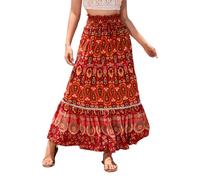 EMOTTOS Women's Bohemian Maxi Skirt, Renaissance A-Line Long Skirts Elasticated Waist, High Waisted Pleated Swing Boho Skirts Gypsy Ethnic Style for Summer Spring Vacation Going Out, Red XL