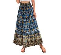 EMOTTOS Women's Bohemian Maxi Skirt, Renaissance A-Line Long Skirts Elasticated Waist, High Waisted Pleated Swing Boho Skirts Gypsy Ethnic Style for Summer Spring Vacation Going Out, Blue S