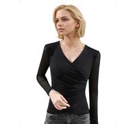 EMOTTOS Women's Double Layer Mesh Sheer Tops, Y2K Ruched Cross Wrap V Neck T-Shirts Sexy Slim Fit See Through Long Sleeve Basic Top, Ladies Clubwear Party Disco Going Out Shirt, Black, L