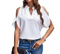 EMOTTOS Women's Elegant Tunic Tops, Summer Loose V-Neck Off-Shoulder Tops T Shirts, Casual Faux Chiffon Cold Shoulder Blouse(White-L)