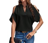 EMOTTOS Women's Elegant Tunic Tops, Summer Loose V-Neck Off-Shoulder Tops T Shirts, Casual Faux Chiffon Cold Shoulder Blouse(Black-S)
