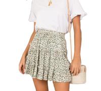 EMOTTOS Womens Flared Short Skirt, Boho High Waist Elasticated Floral Print Pleated Mini Skater Skirt with Drawstring, Bohemia Ruffle Hem Floaty Floral Skirt for Ladies, Green, M
