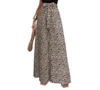 EMOTTOS Women's Flared Trousers Summer, UK Ladies Wide Leg Leopard Print High Waist Elastic Bow Knot Belt Baggy Airy Flowy Stretch Pants Women Loose Comfy Lightweight Casual Elegant, Brown, L