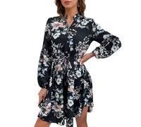 EMOTTOS Women's Floral Print Midi Dress, Faux Chiffon Long Sleeve Buttons A-Line Ladies Casual Tunic Dress, Bohemian Long Swing Wrinkles Deep V-Neck Waist Tie Ruffle Knee Length Dresses, Black, L