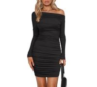 EMOTTOS Women's Hip-Hugging Mini Dresses, Off-Shoulder Pleated Ruched Dress, Square Neck Velvet Ruffle Long Sleeve Wrap Dress, Bodycon Evening Party Dresses, Black, L